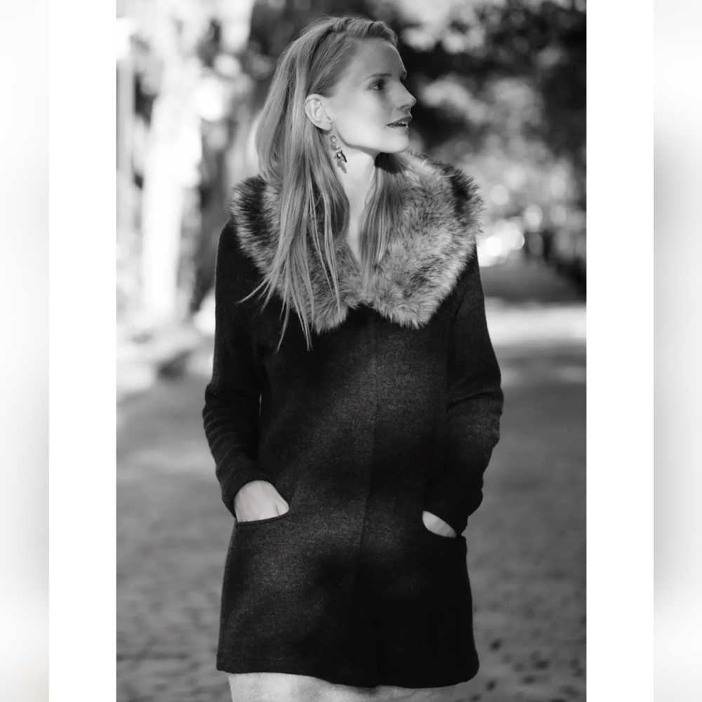 MOTH for Anthropologie heathered slate Wool sweater jacket cardigan fur collar